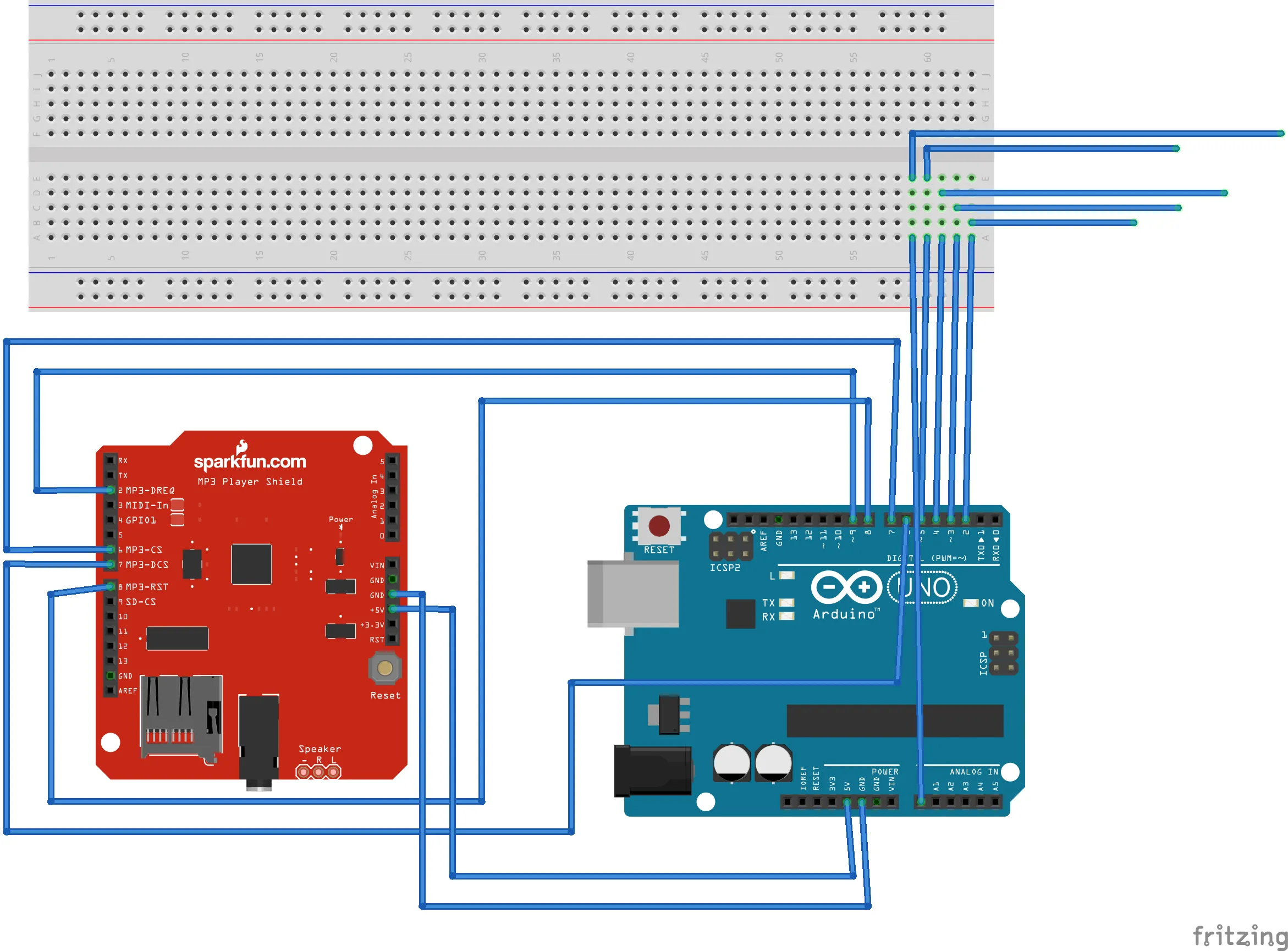 Breadboard diagram: an Arduino UNO and a red audio shield with five touch leads