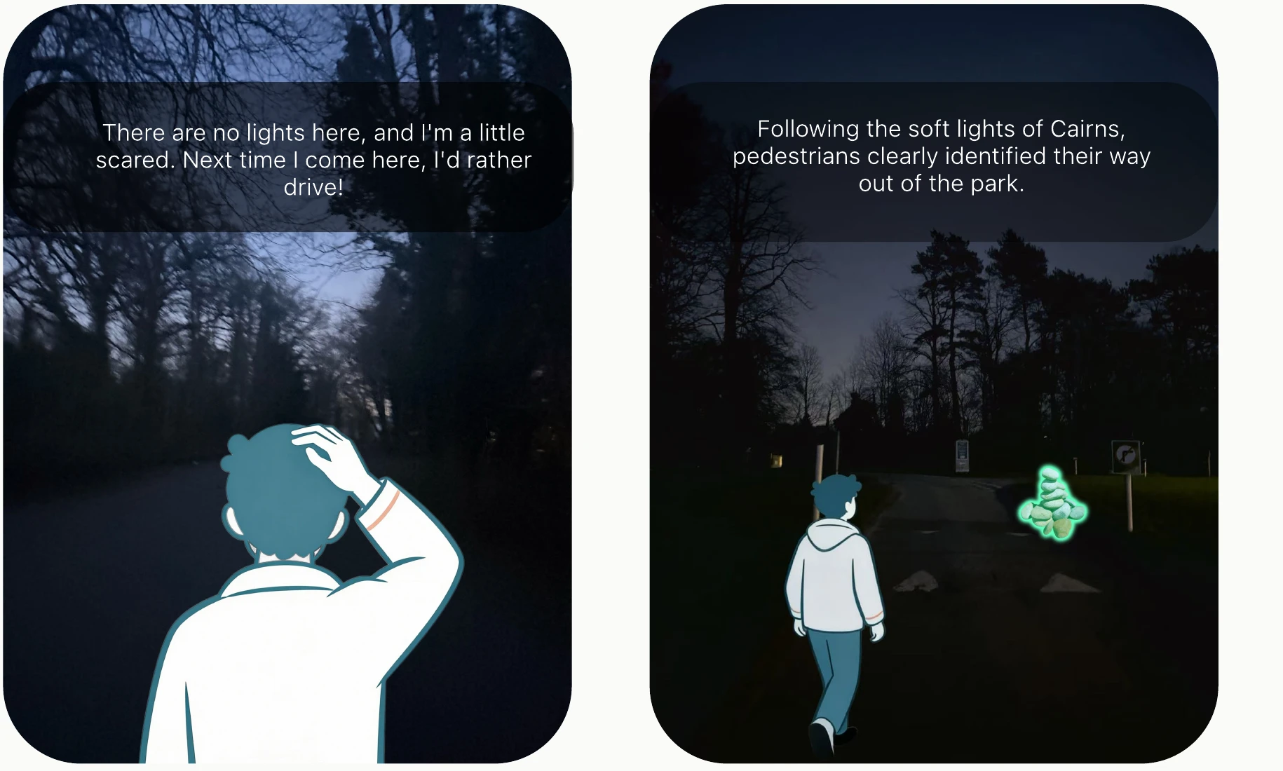 Two side-by-side night scenes of the same park path: in the first a figure hesitates in darkness, in the second a walker follows a softly lit cairn marker toward the exit