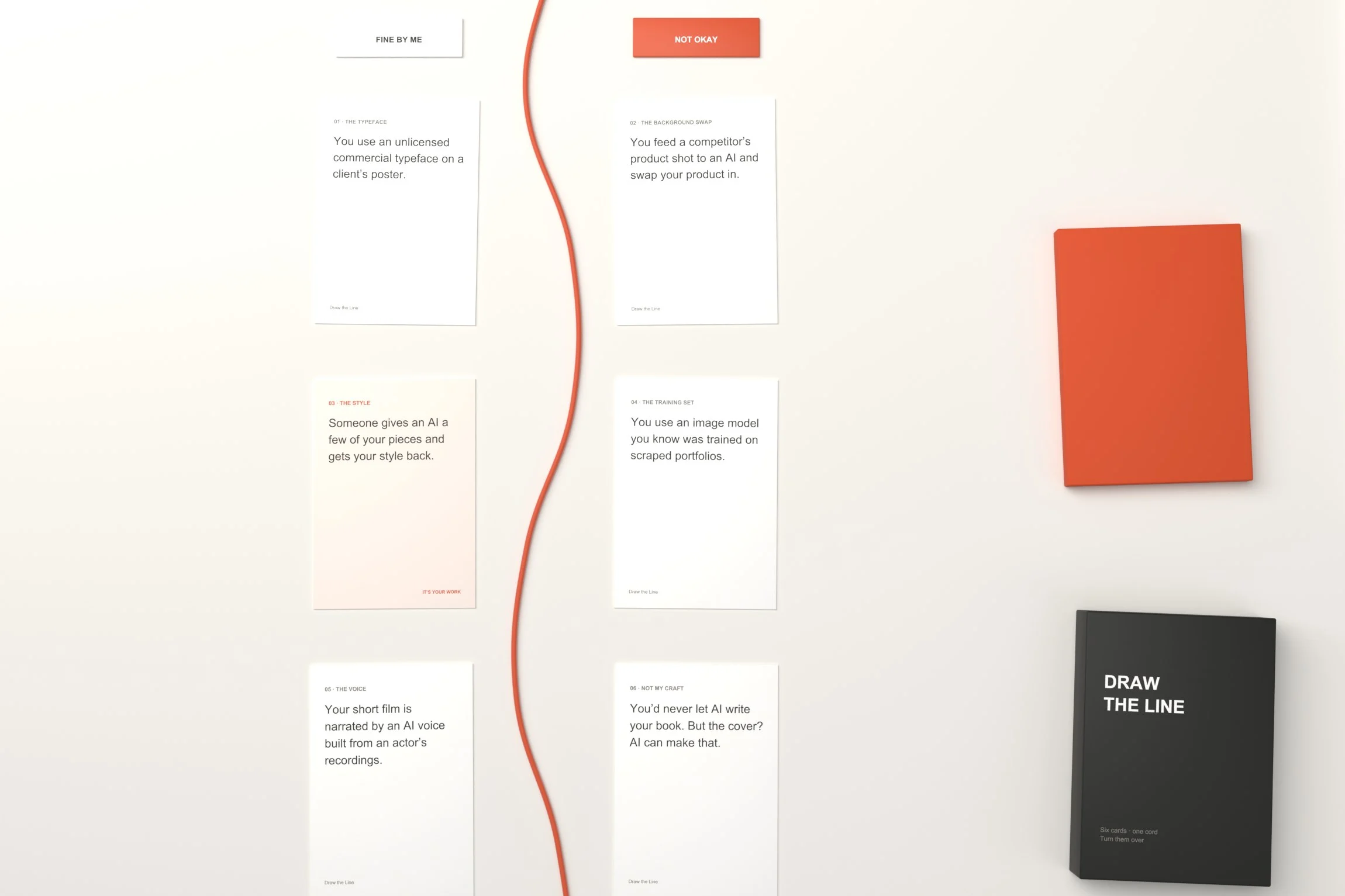 Top view: six situation cards in two columns on a white table, an orange cord laid between them, Fine by me on the left and Not okay on the right, with the card tray and box beside them
