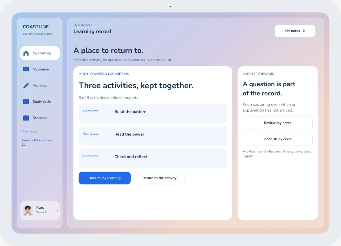 Coastline learning record: activity history and a question carried forward, in the original app proportions