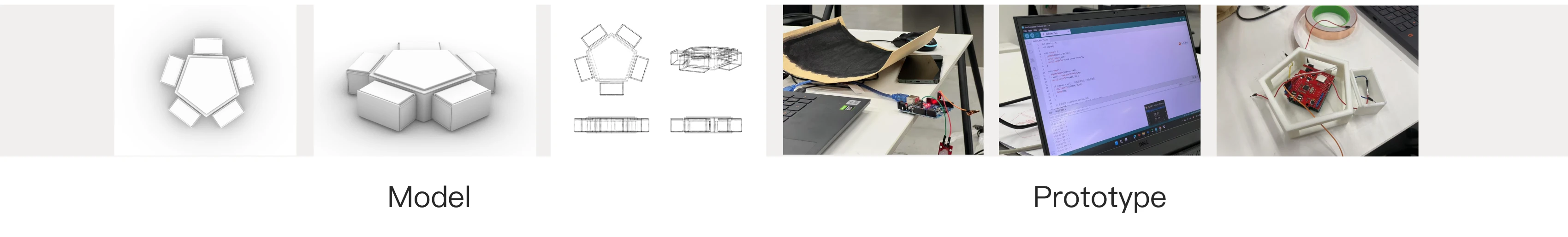 Process documentation: a white massing model of five modules around a central plate, a rendered assembly view, orthographic construction drawings, and bench photographs of the electronics being tested inside a printed shell