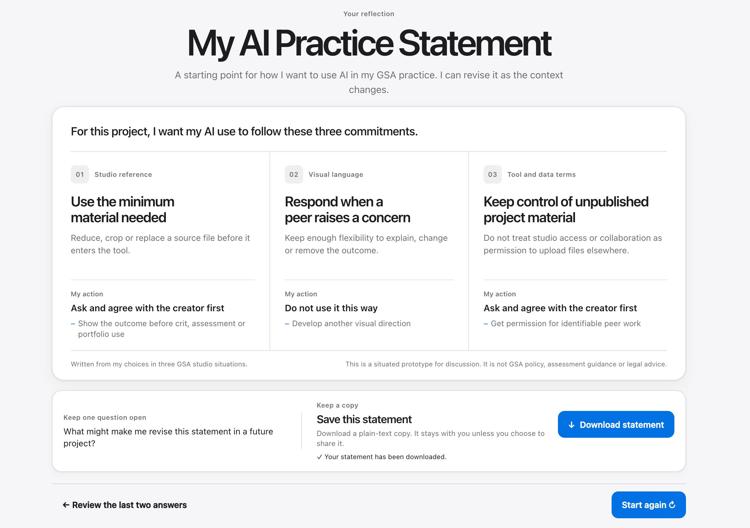My AI Practice Statement example, with three commitments about references, peer concerns and unpublished project material