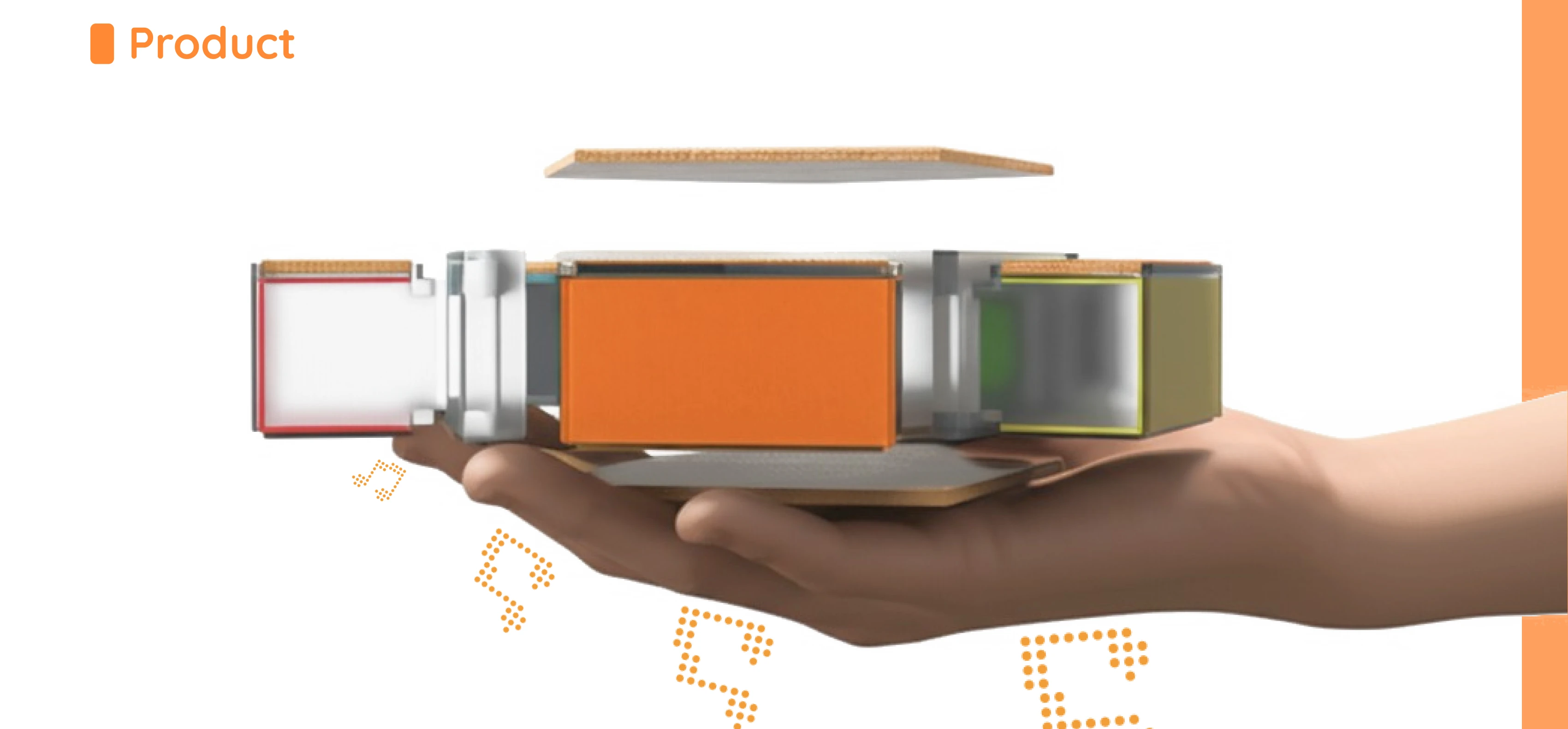 Exploded render of the Resonance module resting on an open hand: a wooden top plate, the coloured outer shells in red, orange and olive, the inner touch layers and the base tray separated in a row
