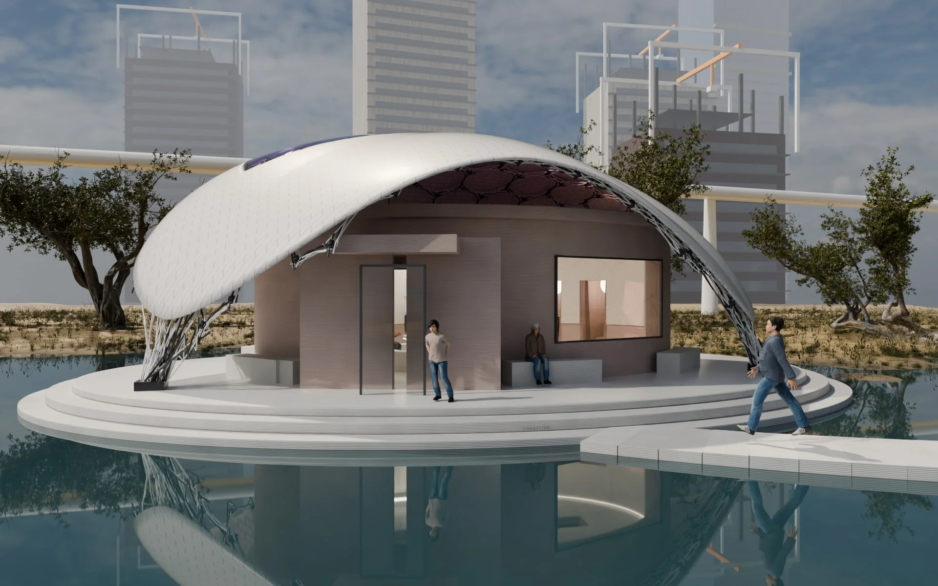 Rendering: a smooth pearl-white shell of solar shingles on three fibre feet, over a rose-coloured printed classroom with a lit window and a glazed lobby, on a pale printed base in a wetland; a student waits at the door, an older neighbour sits on the porch bench and a man walks in along the path; behind it 2020s towers, two of them being taken down by robot rigs
