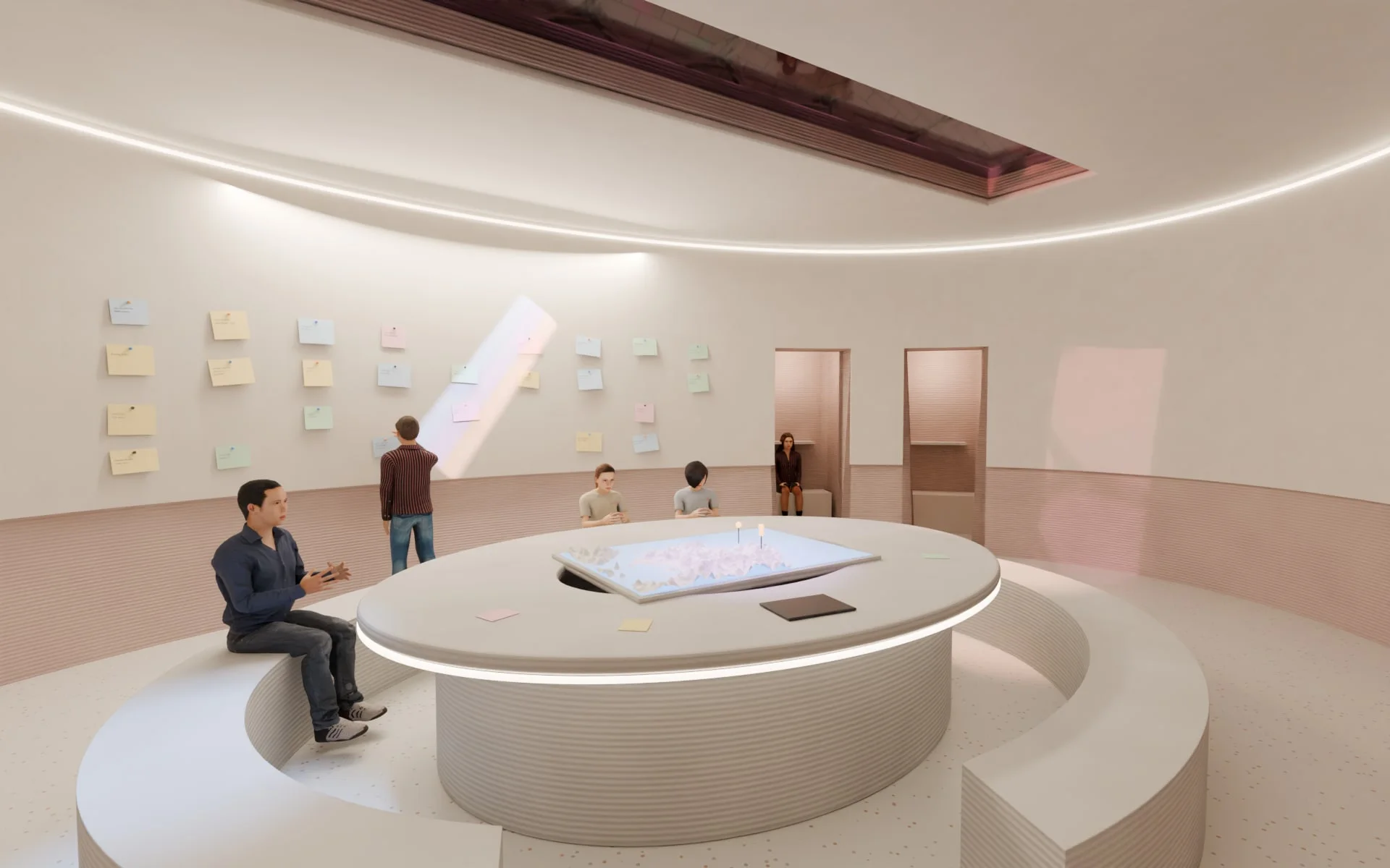 Rendering inside the classroom: students sit at a printed ring of table and bench around a small relief of the Yangtze delta, under a felt ceiling with a skylight slot and a ring of soft light; a slanted band of coloured light falls across the paper notes on the felt wall, where one student pins a new note; a mentor sits in one of two small booths at the back
