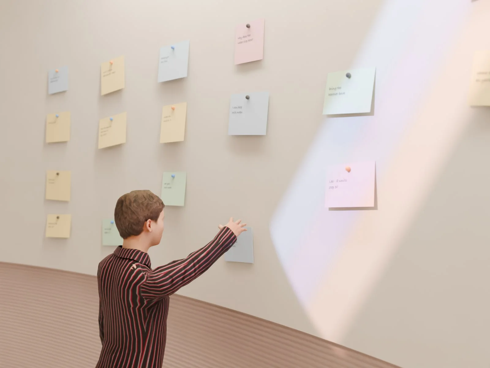 Close-up rendering: a student reaches up to pin a blue note to the felt wall among handwritten paper notes, a slanted band of blue, lavender and peach light from the skylight falling across them