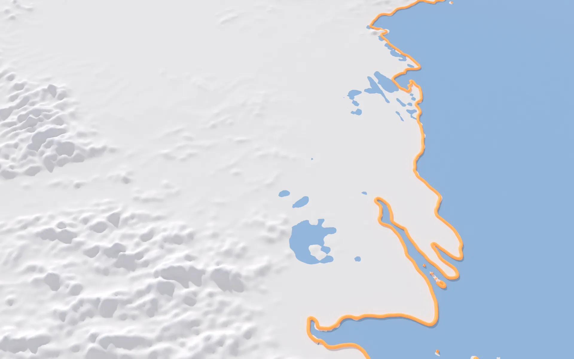 A white relief model of the Yangtze delta from above, with the sea in blue and today's coastline traced in orange