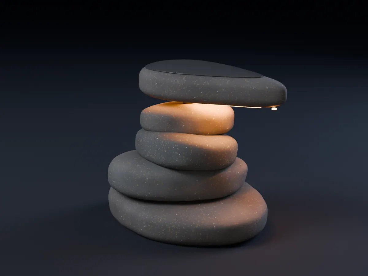 A knee-high sub cairn of four grey stones with a larger pointed top stone; light glows in the seam under it and at its tip