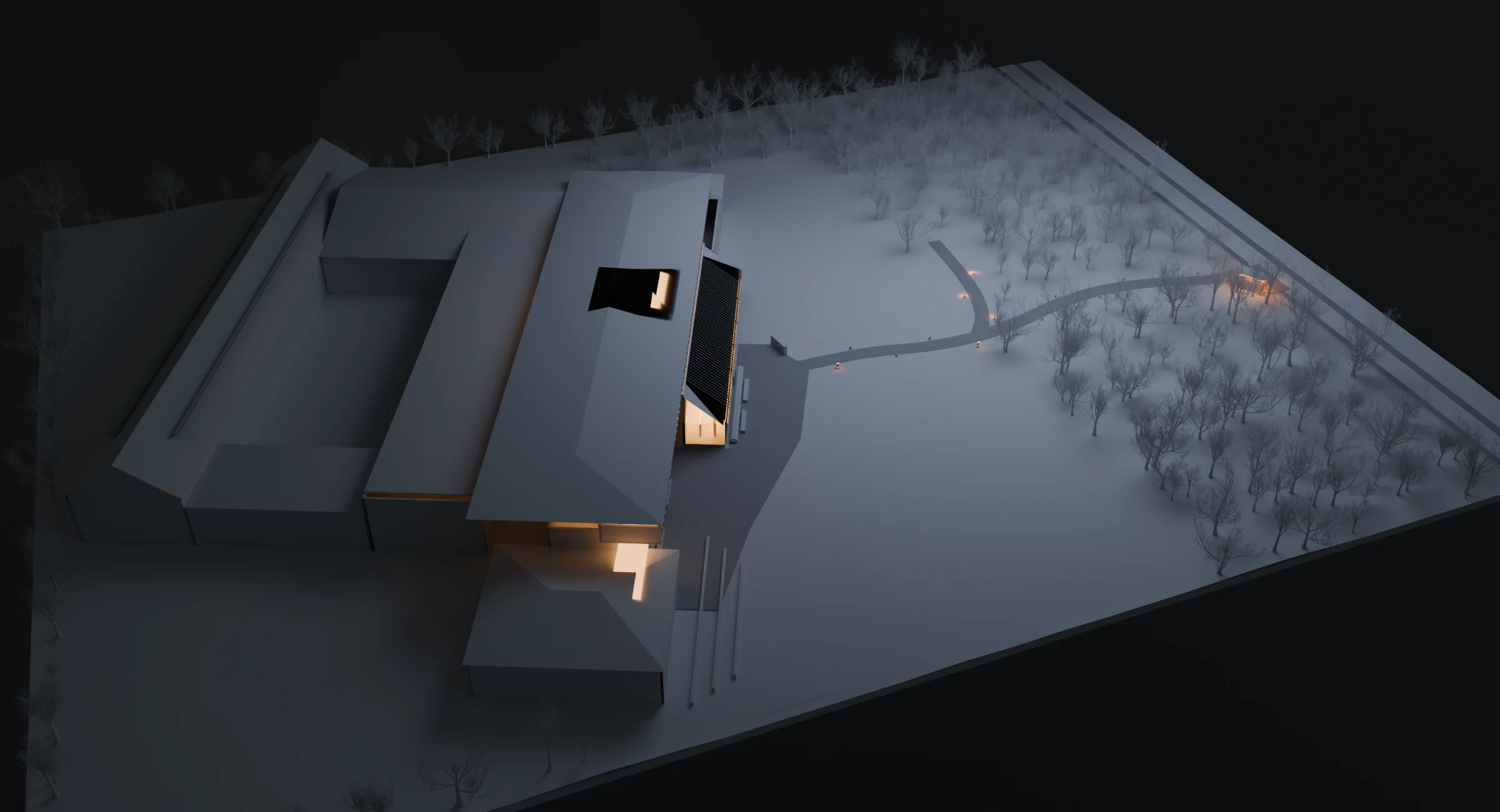 Night site model of the departure route: the whole Burrell Collection with its courtyard and lit glass, the forecourt and lawn, a woodland path that forks, low stone cairns along the verges and the stone-slab shelter by the park road