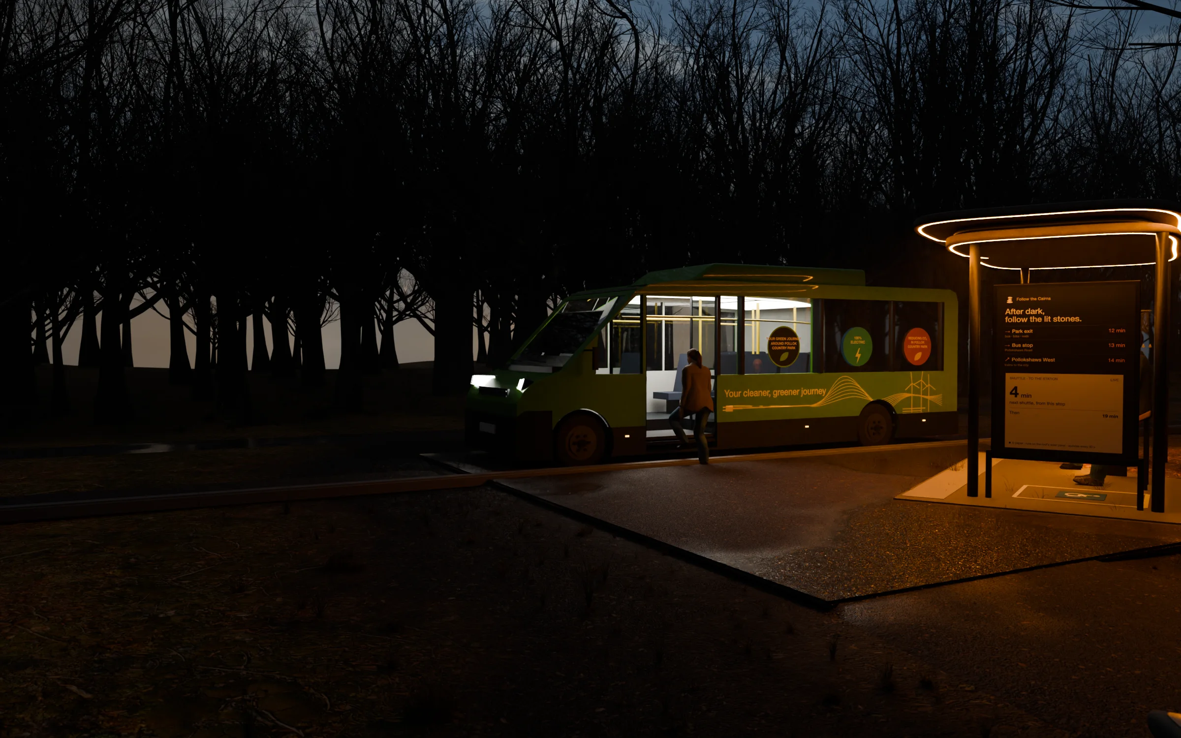 The park’s green electric shuttle comes up the road, slows and stops beside the shelter, and opens its door; the cabin is lit and someone waits at the kerb