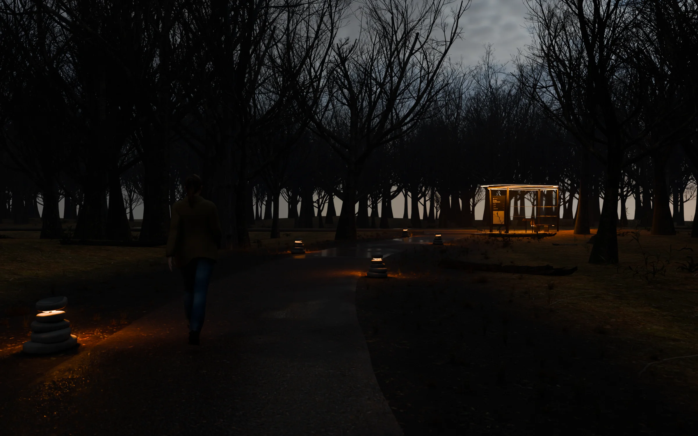 The same dusk path and walker, lit by: cairns, as you walk