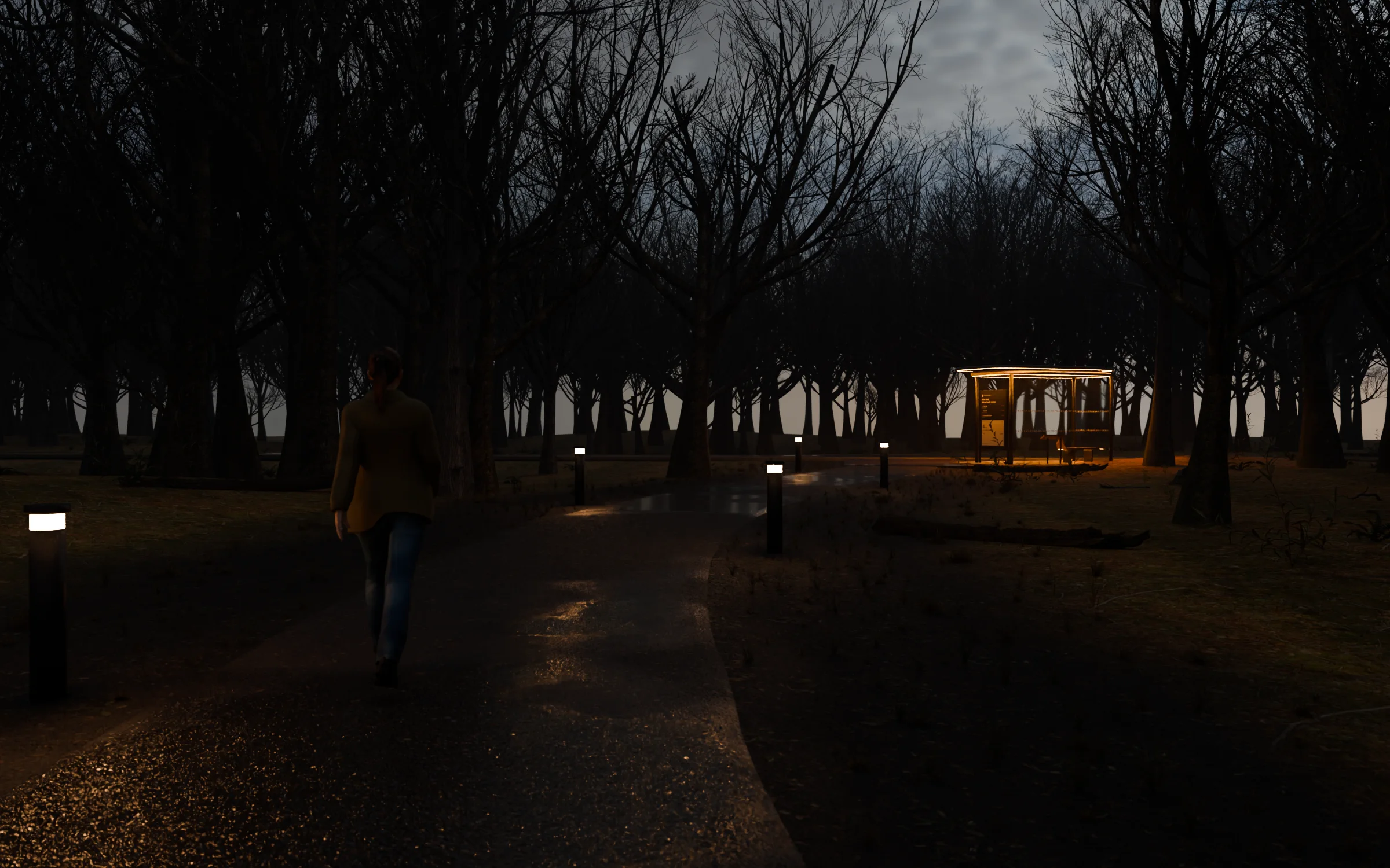 The same dusk path and walker, lit by: trail bollards
