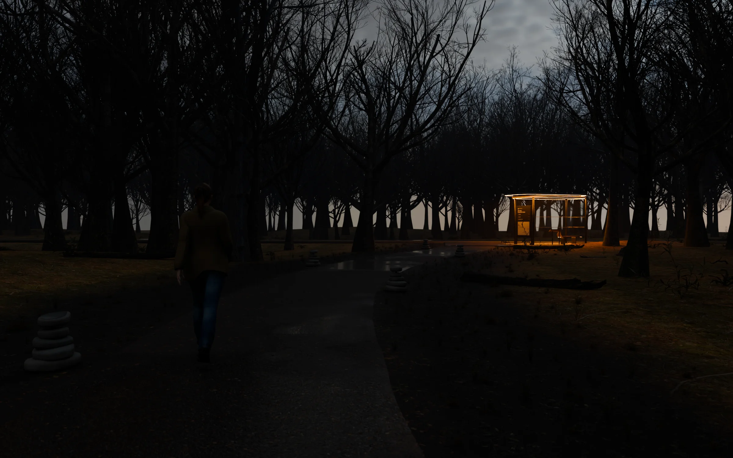The same dusk path and walker, lit by: no path light