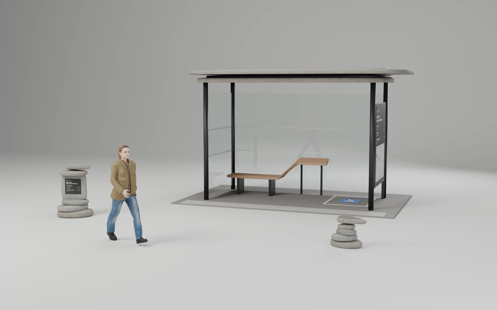 The three cairns together in a studio, in daylight, with a person walking past for scale: a chest-high signpost with a route panel, the open stone-slab shelter with glass and a timber seat, and a knee-high sub cairn