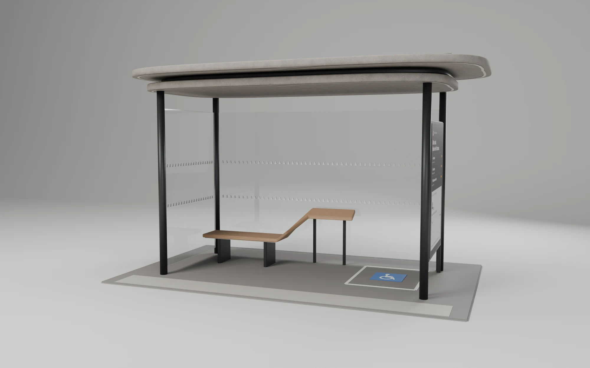 An open shelter under two offset stone slabs on slim posts, with glass at the back and one end, a double-sided route board as the other end, and a timber seat that rises into a lean rail, in daylight