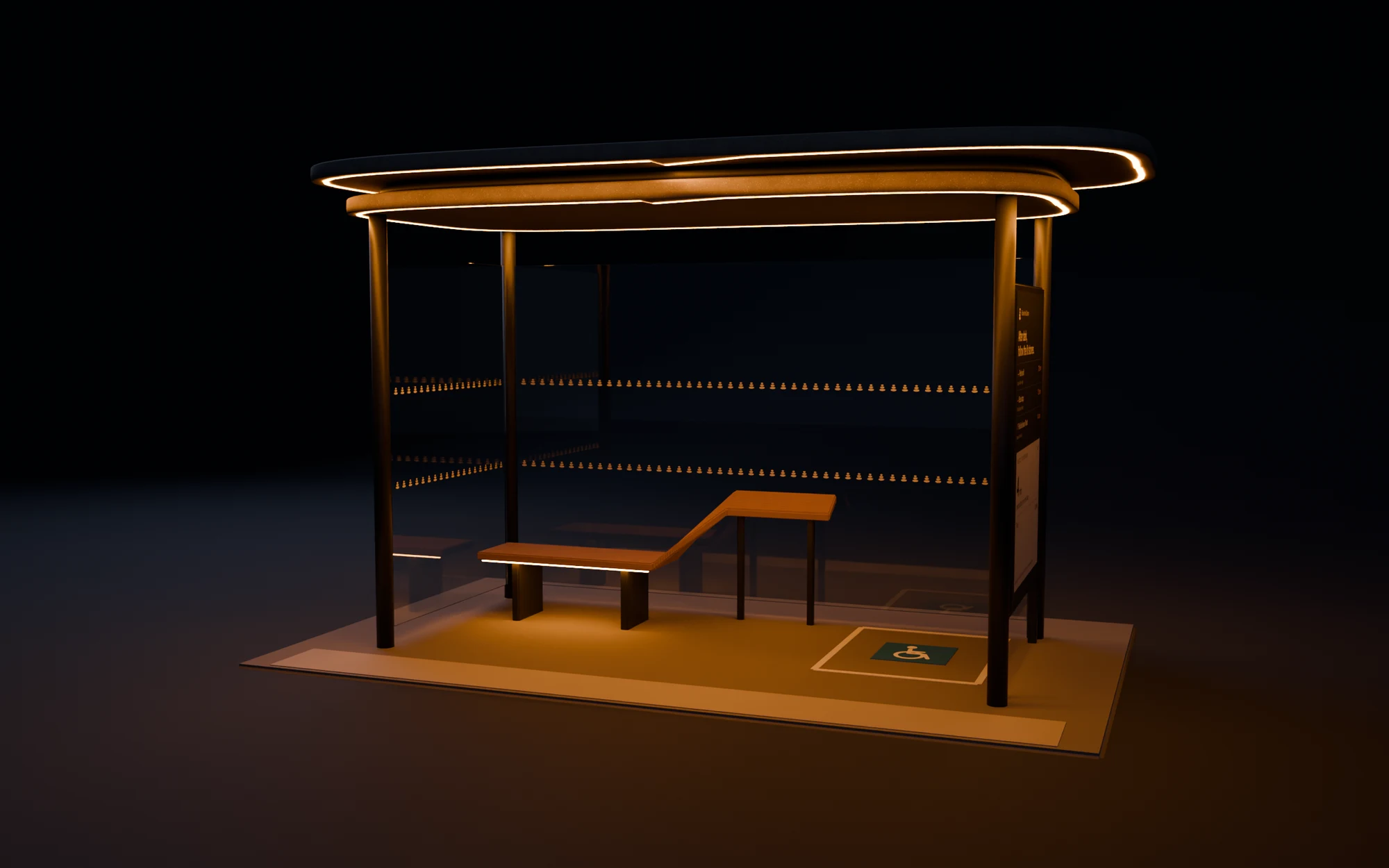 An open shelter under two offset stone slabs on slim posts, with glass at the back and one end, a double-sided route board as the other end, and a timber seat that rises into a lean rail, lit after dark