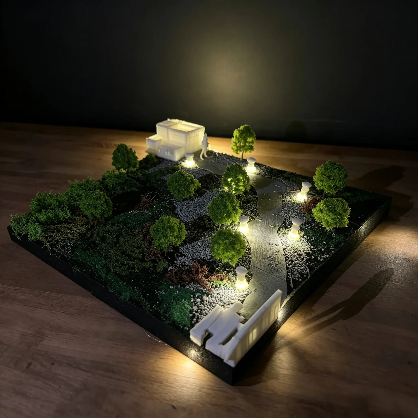 The team's site model at night: a white building, model trees and a path with small lit cairns