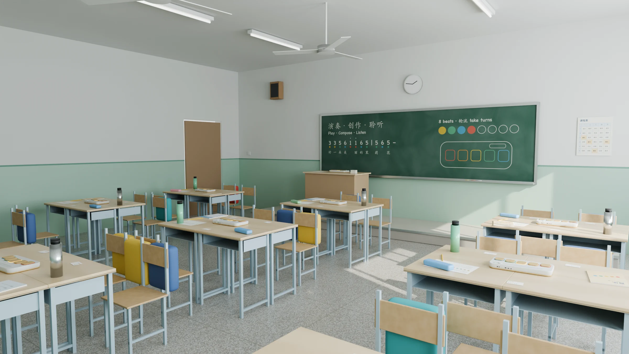 Modelled township primary-school classroom: a Resonance instrument on each group of desks, and the chalkboard showing Play, Compose, Listen in Chinese and English with the opening of Jasmine Flower in numbered notation