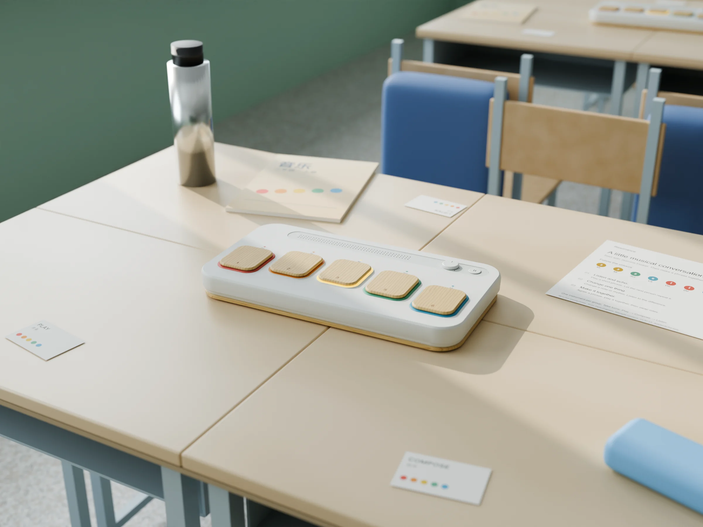 Classroom concept: one Resonance instrument on a group of school desks, with the Jasmine Flower activity sheet, three role cards, a music textbook and children's things