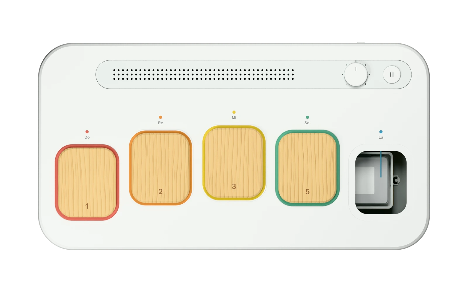 Overhead detail of Resonance, showing its right-hand wooden notes and controls