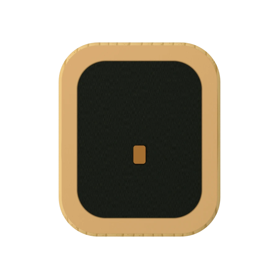 Flat view of the wooden note's dark processed face, natural wood border and small contact