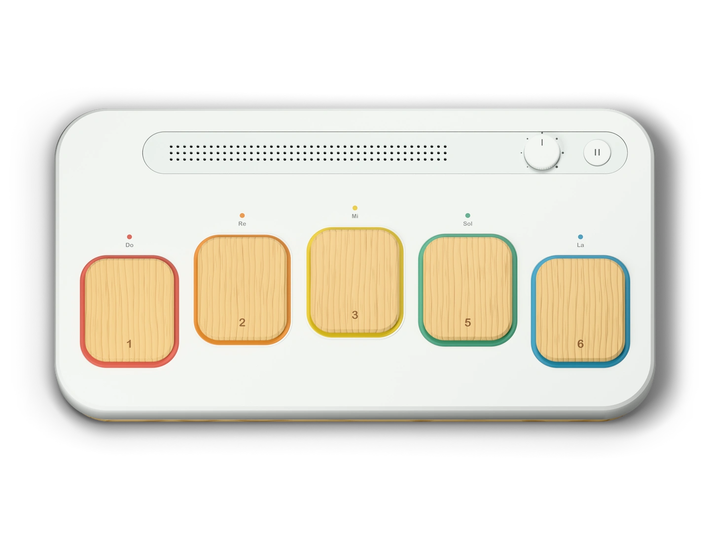 Resonance from above: five wooden keys engraved 1 2 3 5 6 in coloured frames, the speaker strip, volume knob and pause button