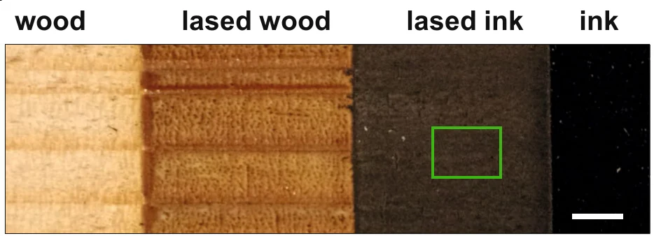Top view of laser-treated spruce strips labelled wood, lased wood, lased ink and ink: the lased wood is browned, the lased ink is a dark grey conductive layer