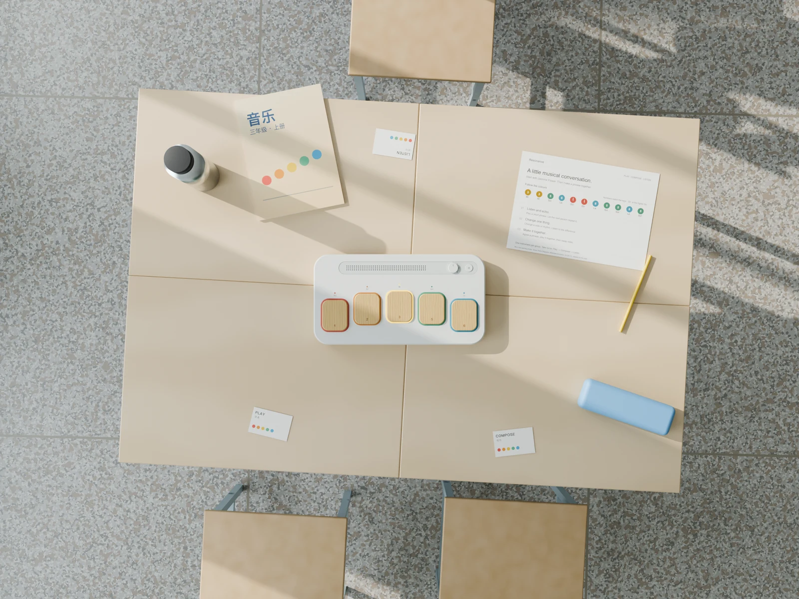 Plan view of one group table: the instrument in the middle, the activity sheet, three role cards, a pencil case, a music book and a water bottle, with chairs at the front and back