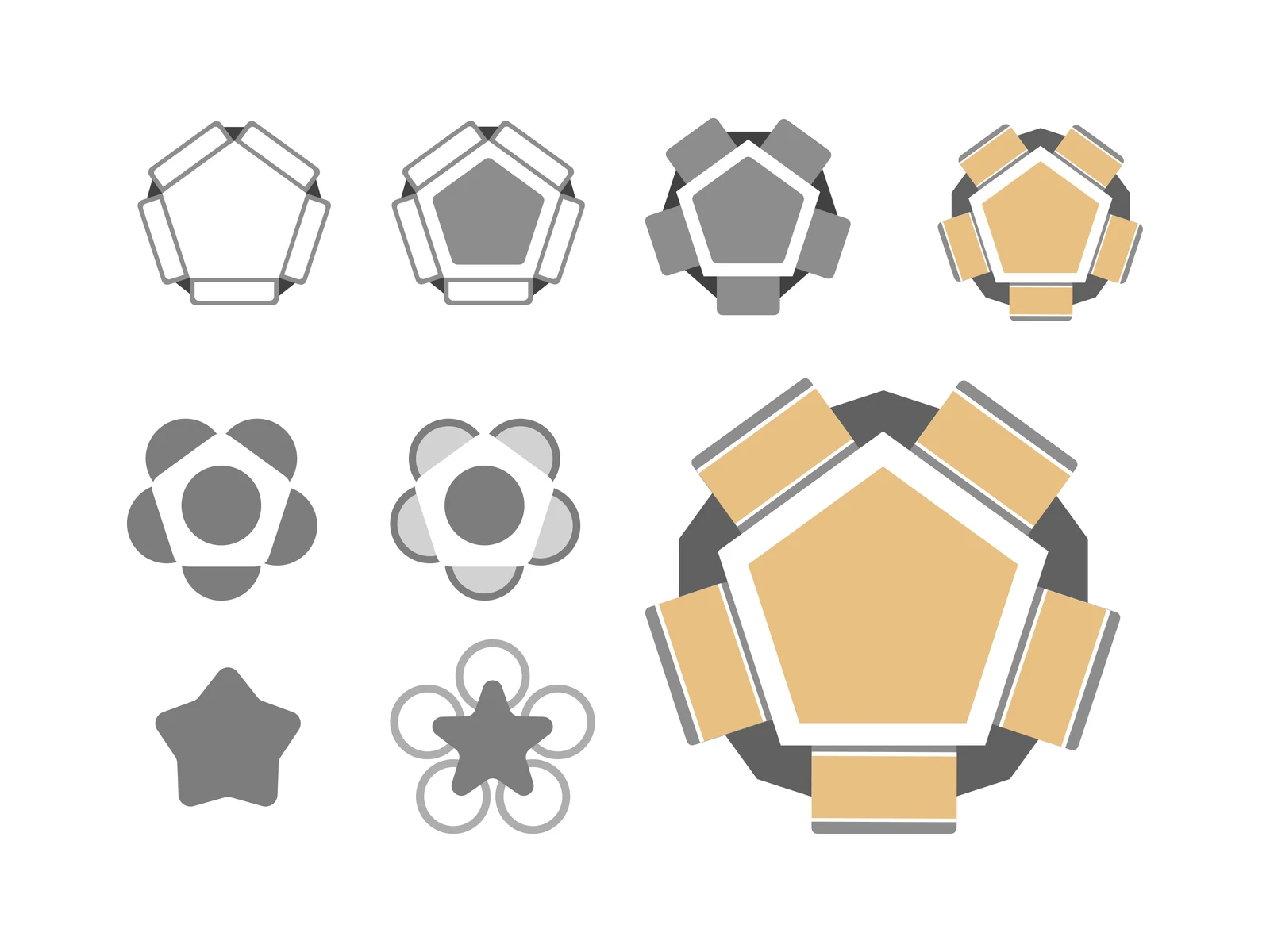 Form studies in grey and wood colour: pentagons, flower and star shapes, and five rectangular modules around a pentagon centre