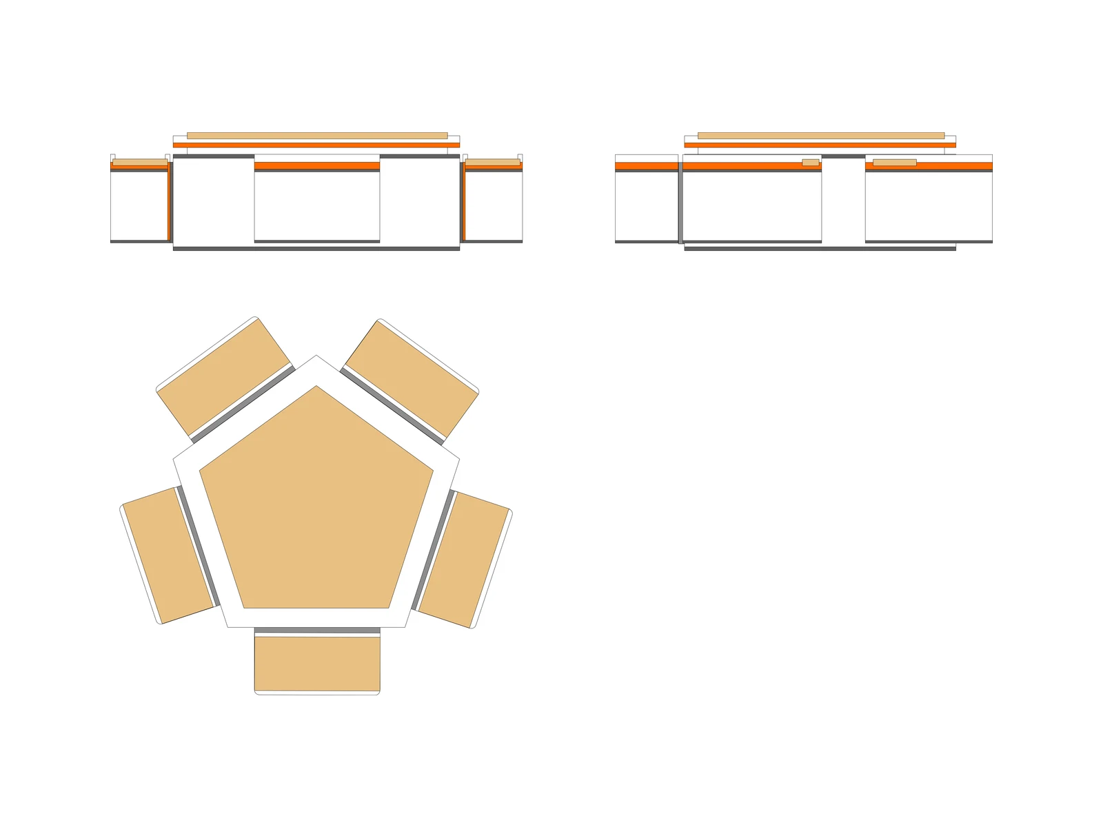 Plan and elevation drawings of the pentagon instrument with five rectangular modules and wooden tops