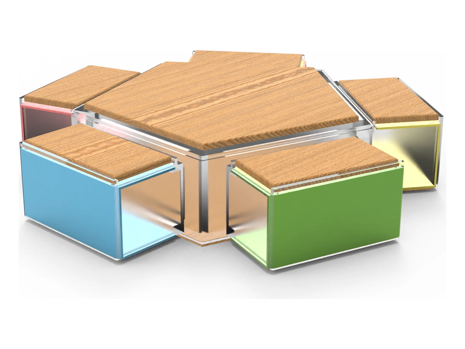 KeyShot render of the 2025 concept: five coloured modules with wooden tops around a pentagon centre