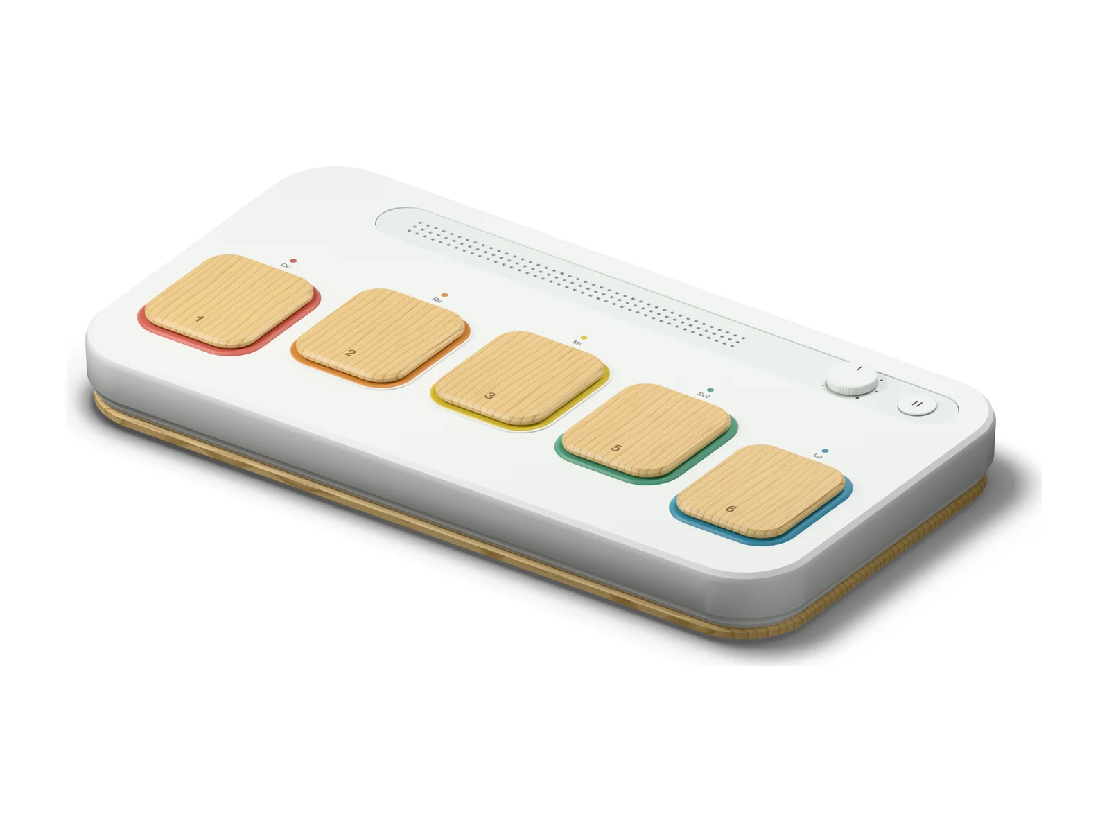 The 2026 Resonance model: one white shell with five wooden keys in a row in coloured frames